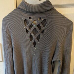 Gray woven cutout sequin turtleneck sweater